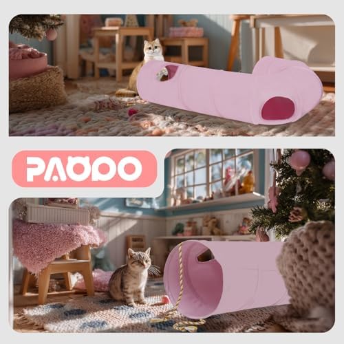 Cat Tunnel, 2-Way Collapsible Cat Tube with Interactive Peek-A-Boo Hole, Toy Ball, and Rope – Ideal for Indoor Cats, Kittens, and Rabbits (Pink)