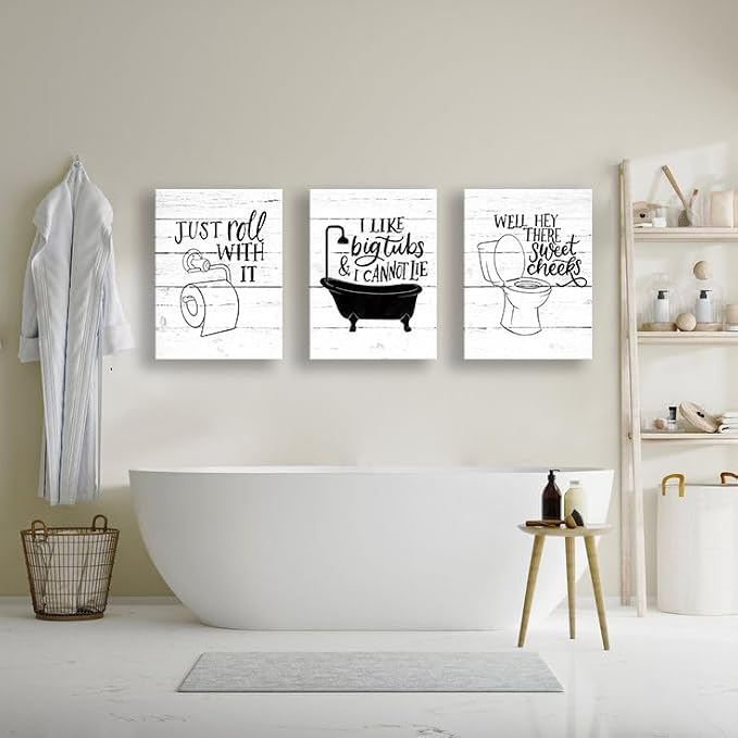 Funny Bathroom Canvas Wall Art Black and White Toilet Bathtub Bath Set Poster Print 3 Pieces Bathroom Quotes Painting Retro Wood Style Artwork for Restroom Farmhouse Bath Bathroom Decor 12"x16"(30x40cm)