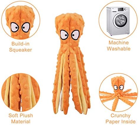 WishLotus Octopus Dog Chew Toy, No Stuffing Plush Dog Squeaky Toy with Crinkle Paper in Legs, Corduroy Interactive Dogs Play Teething Toys for Small, Medium Dogs (Orange)