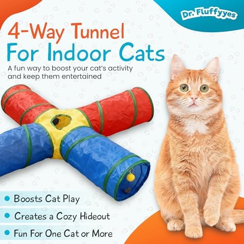 Cat Toys - 4-Way Tunnel for Indoor Cats with Peek Hole & 2 Mice - Large Foldable Rainbow Tube with Hanging Ball for Kittens, Rabbits, Small Dogs - Ideal Cat Toy