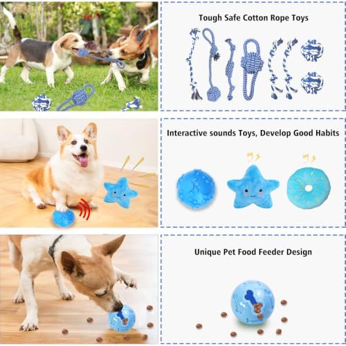 MRSOHRET 20Pcs Puppy Chew Toys - Blue Puppy Chew Toys Bundle for Teething, Puppies Teething Toys with Durable Rope Rubber Ball, Pet Interactive Toys for Small Medium Dogs with Basket