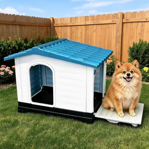 2-Door Small Dog House with Fold-Out Porch and Elevated Base, Blue