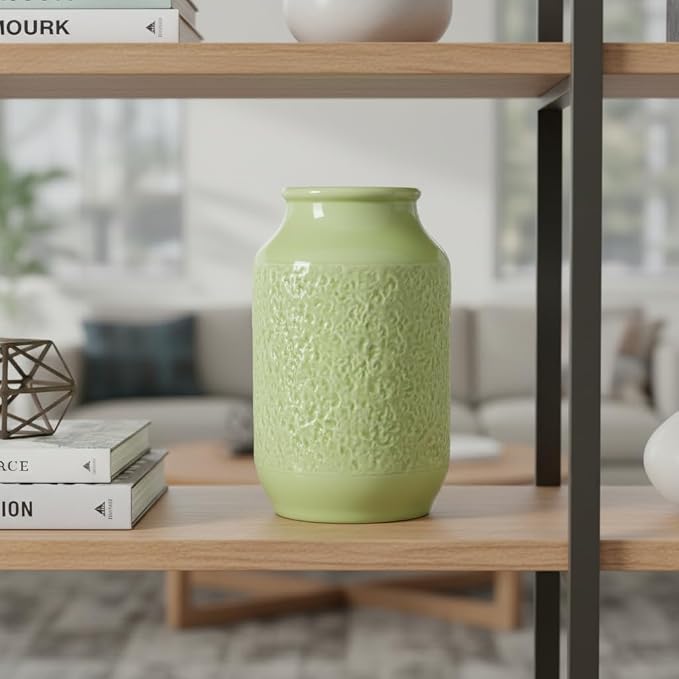 Green Ceramic Vase for Flowers, 9 Inch Decorative Vase for Pampas Grass, Modern Texture Vases for Home Decor, Table Shelf, Kitchen, Living Room Decor