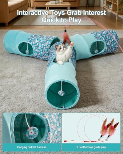 Cat Tunnel, 3 Straight Shaped Tunnels 6 DIY Shapes with Wand Toys, No Noise Scratch Resistant Cool Linen Fabric, Interactive Pet Tunnel Tube for Indoor Cats, Puppy and Rabbits