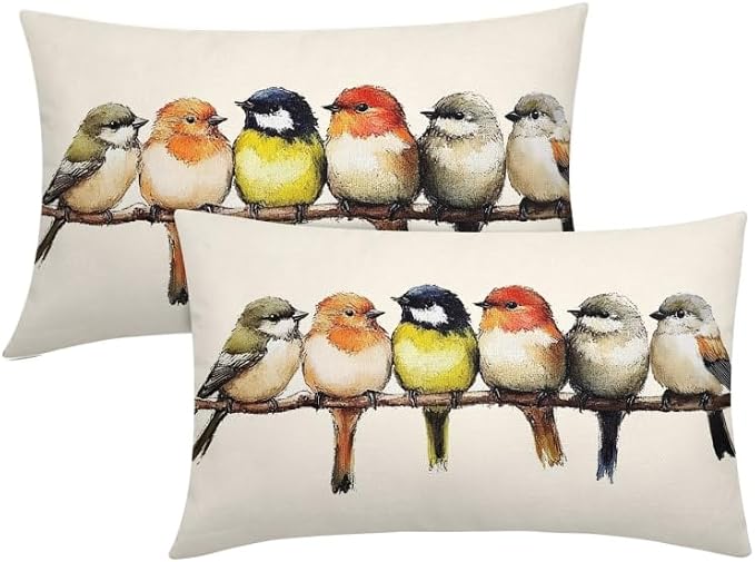 Oil Painted Birds Lumbar Pillow Covers 12x20 Inch Set of 2 Cute Spring Summer Bird Rustic Decorative Pillow Cases Outdoor Linen Square Cushion Cover Farmhouse Decor for Bedroom Home Sofa Couch Bed