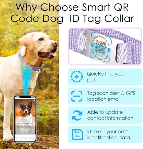 ADVENTUREMORE Smart ID Tag QR Code Nylon Dog Collar - Prevents Small, Medium, Large Dogs from Getting Lost at Night, Displays Owner and Pet Details - Durable, Adjustable, Thick-Purple-L