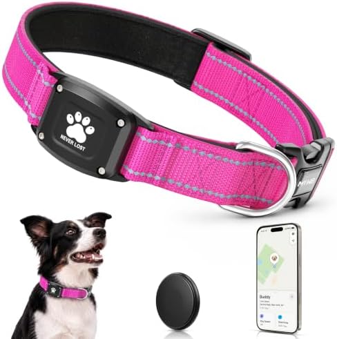 GPS Dog Collar with Tracker, Waterproof, No Monthly Fee, Hot Pink, M | Works with Apple Find My, iOS Only, MFi Certified, No SIM Card, for Medium Dogs, Reflective Padded Nylon, Neck 14.5-19.5 in
