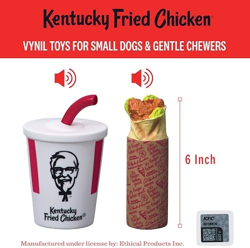 KFC Mini Chicken Wrap & Soda Meal – 2-Piece Vinyl Squeaky Dog Toy Set – Includes 6” Chicken Wrap & 6” Soft Drink Cup – Lightweight, Fun, and Interactive Play for Small & Gentle Chewers