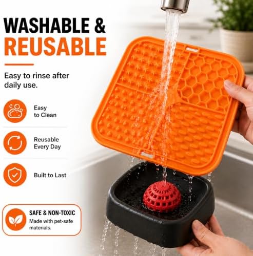 3-in-1 Slow Feeder Dog Bowl Set with Lick Mat, Treat Dispensing Ball, Puzzle Toy Feeder, Non Slip Pet Food Dish, Lick and Roll Feeding Solution, Anxiety Relief, Small Breed Feeding Kit