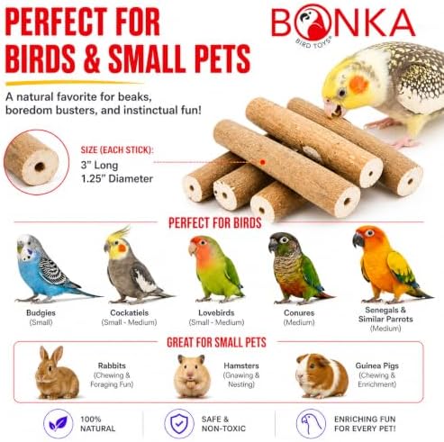 Bonka Bird Toys 1211 Pk6 Natural Bark Sola Sticks, 6-Pack, 3" Long, 1.25" Diameter, Soft Chew and Foraging Toy for Birds, Parrots, Parakeets, Cockatiels, Lightweight, Natural, Safe, Eco-Friendly