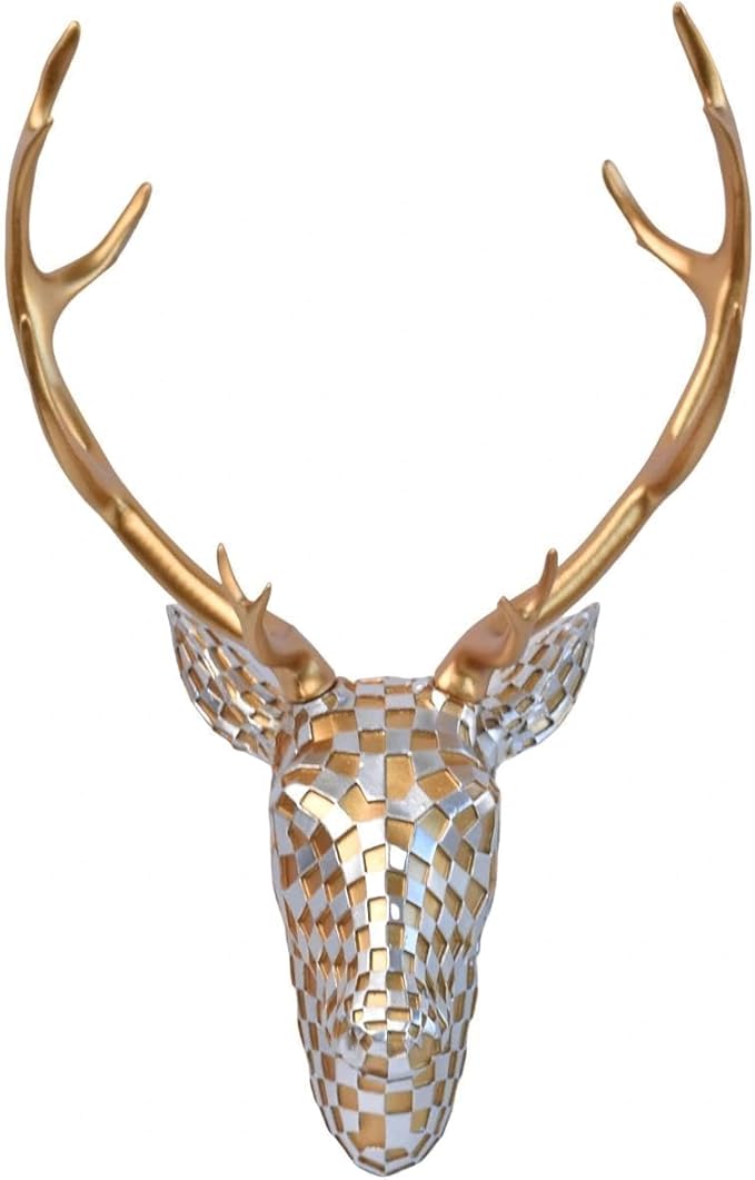 GIGICICI Mosaic Deer Head Wall Decor 15.7x8.7 Inch, Artistic Faux Resin Animal Head Wall Sculpture Hanging for Living Room Bedroom Kitchen Office, Gold-Silver Gift