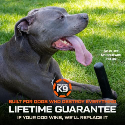 Monster K9 Chew Stick | Virtually Indestructible. Lifetime Guaranteed. | USA Made | VULCRON™ Natural Rubber | Durable, Heavy Duty Tug & Fetch Dog Toy for Aggressive Chewers | Med/Large Breeds, 9x1.75”