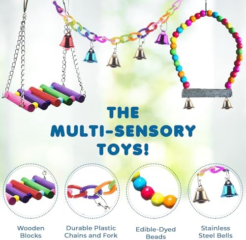 SunGrow Parrot Swing and Perch Bundle, Keep Birds from Hatching Plans for World Domination with Joyful Colorful Items for Love Birds, Conures, Cockatiels, Finches, Parakeets, 12 Pieces