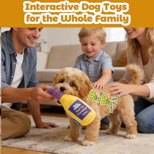 Champagne Bottle Squeaky Crinkle Dog Toy - Interactive Plush Chew Toys for Puppy Teething, Small Dogs, Aggressive Chewers and Keeping Busy