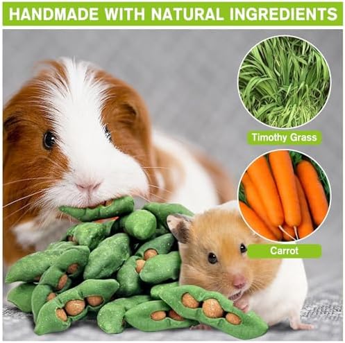Fhiny Hamster Chew Toys for Teeth, 12 PCS Peapods Shaped Guinea Pig Snacks Natural Timothy Grass Carrot Rabbit Treats Handmade Small Animal Food for Bunny Chinchilla Gerbil Molaring