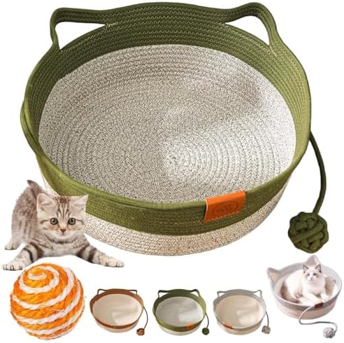 Handwoven Cat Basket with Hanging Ball Toy, Scratchable Cat Lounger Basket for Sleeping, Playing and Relaxing, Cotton Rope Cat Bed Basket with Cat Ear Handles (Green,M)