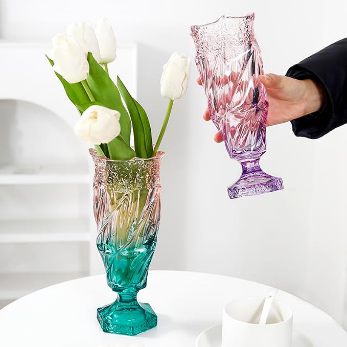 Glass Flower vase 2.4lb 9.5inch,Bohemian Style, for Centerpieces,Wedding,Home Decor Glass Vase (Purple Pink)