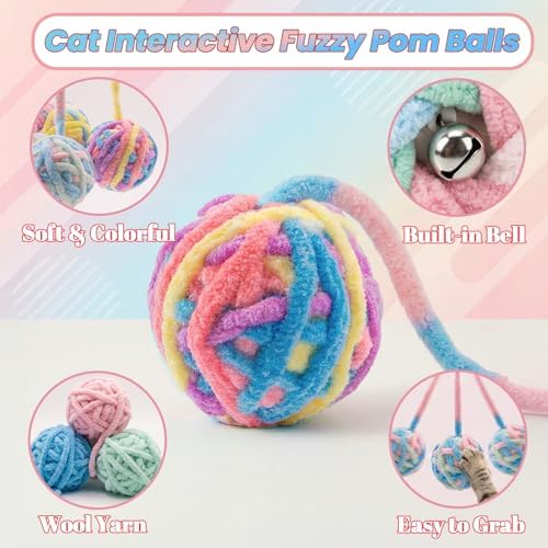 9 Pack Cat Toy Balls for Indoor Cats, Pom Pom Fuzzy Balls with Bells, Wool Yarn Toy with String, Mylar Crinkle Balls Interactive Kitten Toys for Indoor Cats Chase and Play Keep Busy Stress Relief