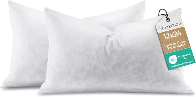 12x24 Feather Lumbar Pillow Inserts, Decorative Throw Pillow Inserts for Covers, Fuller Fit with Soft Support for Bed and Couch, Set of 2