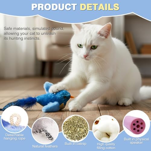 2-Pack Realistic Chirping Bird cat Toy - Soft Interactive Plush Bird Toy Infused with Catnip，Cat Enrichment Toys for Indoor Cats（Physical Sound, RedBlue）