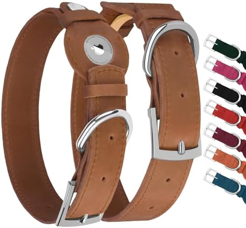 Leather Dog Collar with Airtag Holder - Apple Air Tag Dog Collars - Soft Tracking GPS Pet Collar for Small Medium Large Dogs Breed Puppy (Brown, S, 9"-12" Neck Fit)