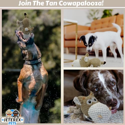 Large Dog Toy - Tan Cow Squeaky Dog Toys for Large Dogs, Medium and Small Dogs. Durable with Pineapple Plush Fabric, Rope Legs, Hidden Seams, Reinforced Stress Points, Embroidered Eyes