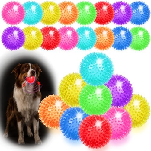 24 Pcs 2.5 In Light Up Squeaky Dog Balls 8 Colors LED Spiky Dog Toy Ball Glow in The Dark Interactive Fetch Ball TPR Bouncy Floating Toy for Aggressive Chewers Puppy Small Medium Dogs Indoor Outdoor