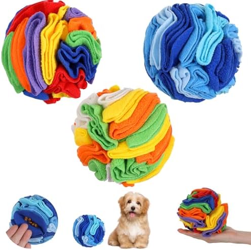 3 Packs Snuffle Ball for Dogs - Sniffle Interactive Treat Ball, Stress Relief, Slow Feeder, Puzzle Toy for Small Medium Dogs Cats, Soft Polar Fleece, Rainbow, Vitality Orange & Ocean Blue, 5.9 Inches