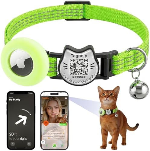 Cat Collar with AirTag Holder, QR Code Tag and Bell (Neon Green)
