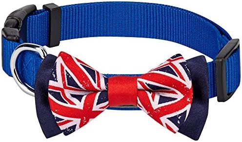 Blueberry Pet 2 Patterns Patriotic Spirits UK Flag Adjustable Bowtie Blue Dog Collar - Handmade Bow Tie w/Jacquard Weave Fabric, Small, Neck 12"-16"