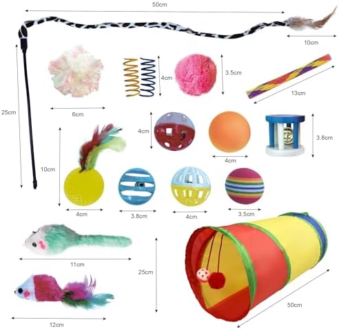 PetLike 25pcs Interactive Cat Toys Set Collapsible Cat Tunnel Interactive Feather Teaser Wand,Spring Toys & Balls for Indoor Cats (Rainbow, 25x55cm)