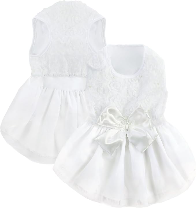 ASENKU Dog Dress Pet Wedding Dress Puppy Birthday Party Outfit, White XS | Dog Flower Girl Dress With Leash Hole, Princess Puppy Dress For Weddings, Daily Wear, Fits Small Medium Large Dogs Cats