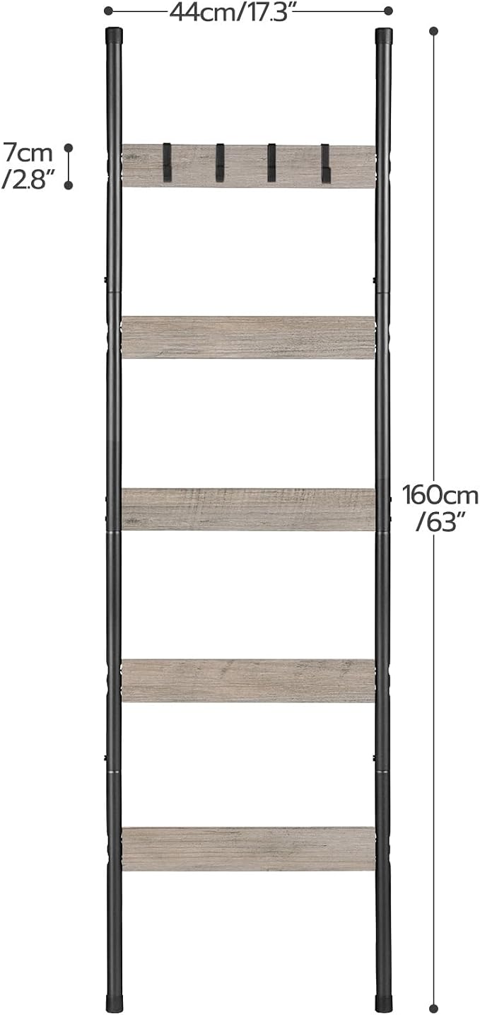 HOOBRO Blanket Ladder, 5-Tier Towel Rack with Hooks, Wall-Leaning Blanket Rack, Decorative Display Ladder Shelf, Scarves, Industrial, Living Room, Bedroom, Greige and Black BG52CJ01