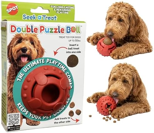 SPOT Seek-A-Treat Double Puzzle Ball Dog Toy, 3.25 in Durable Rubber Treat Dispenser with Dual Openings for Mental Stimulation & Long-Lasting Play, for Dogs up to 50 lbs