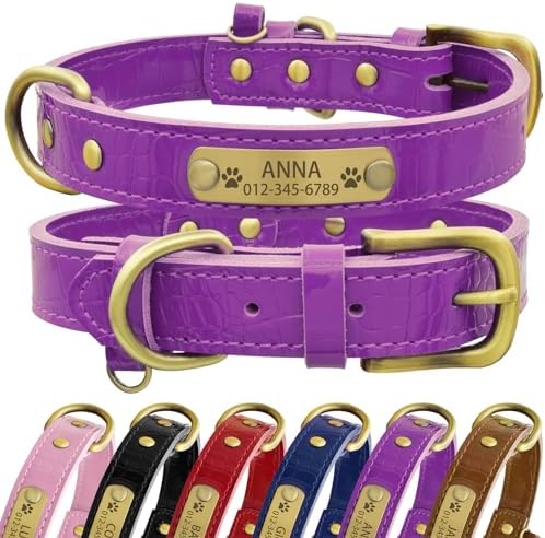 Personalized Genuine Leather Dog Collar with Engraved Name Plate - Durable and Stylish Custom Dog Collar for Small, Medium, and Large Dogs (S,Purple)