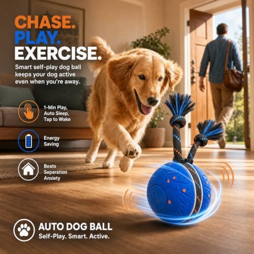 Interactive Smart Dog Ball Toy with Swinging Tail, Durable E-TPU Quiet Automatic Rolling Ball for Dogs to Chase, Self-Moving Dog Ball with Motion Activated, Rechargeable Small Medium Large Dog Toy