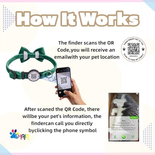 THAIN Personalized Cat Collar with Bell and Bowtie Breakaway QR Code Name Smart ID tag Quick Release Soft Comfortable Collar for Cats and Kittens (Green)