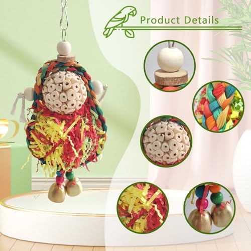 Wooden Bird Swing Toy with Rope Perch, Fish Shape, Hanging Cage Accessory for Parrots (Colorful, Swing and Ball)