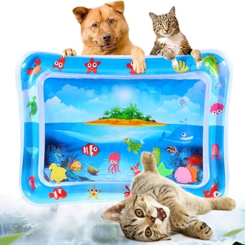 Pet Water Sensory Mat, Floating Fish Interactive TPU Thickened Water Bed Cooling Pad, Anti-Scratch Water Filled Play Matfor Cats Dogs Kittens Puppies Pets in Summer (Rectangle E)
