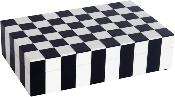 Handicrafts Home Small Decorative Storage Box with Lid, Black and White Keepsake Box, Decorative Trinket Box for Jewelry, Desk Organizer, Coffee Table & Shelf Decor, Puzzle Check - 8 x 5 x 2 Inch