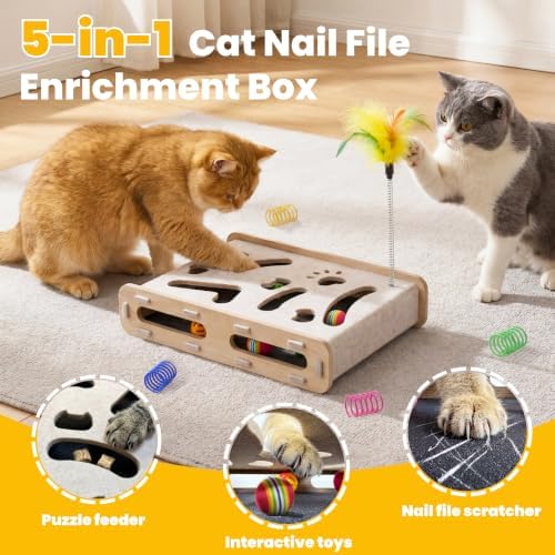 5-in-1 cat nail file scratcher enrichment box - interactive cat toys for indoor cats, Large felt cat puzzle feeder with replaceable sandpaper, Includes 6 balls ,4 spring toys,and feather toy(beige)