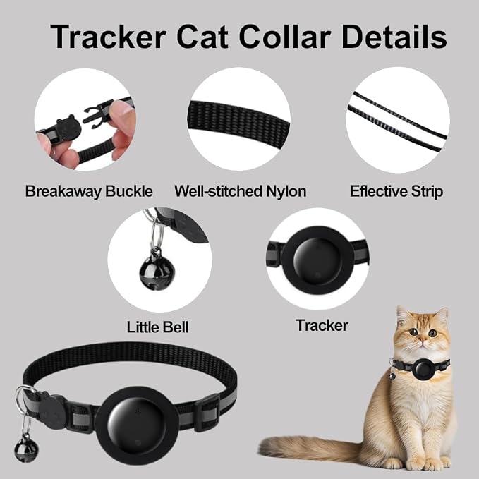 Cat Tracker Collar, Cat Collar with Finder Tag (iOS ONLY), Compatible with Apple Find My, No Monthly Fee, Cat Collar Waterproof (Black)
