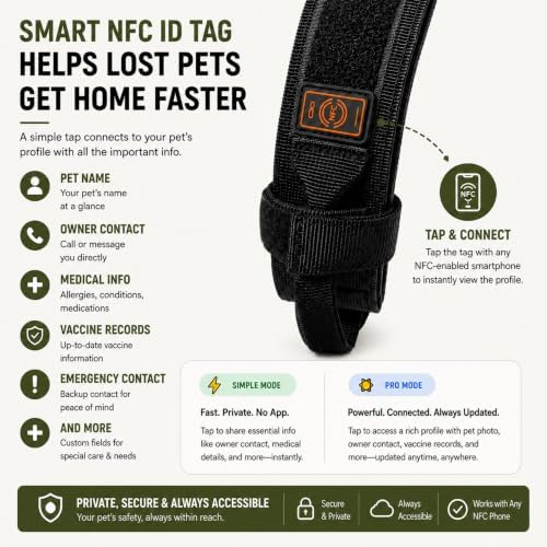 Tactical Dog Collar with NFC Smart ID Tag for Medium and Large Dogs