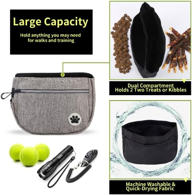 Dog Walking Waist Bag, Gray, Navy Blue, with Bungee Leash, Hands-Free Training Pouch, Treat Storage, Poop Bag Dispenser (Gray)