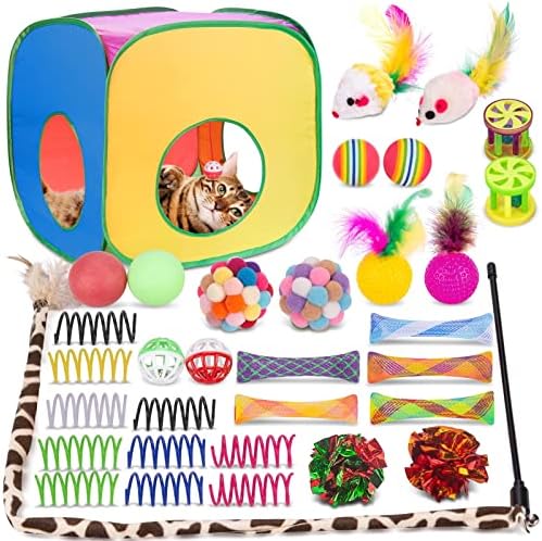 Retro Shaw 33 Pack Cat Toys for Indoor Cats, with Cat Game Tunnel | Interactive Kitten Toys Set Feather Wand Crinkle Balls Bell Springs Mice, for Bored Cats Chase Self-Play