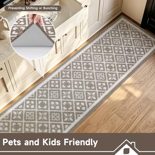 Ileading Hallway Runner Rug 2x10 ft,Washable Indoor Brown Entryway Carpet with Non Slip Rubber Backing,Low Pile Heavy Duty Kitchen Floor Mat for Entrance & High Traffic Areas