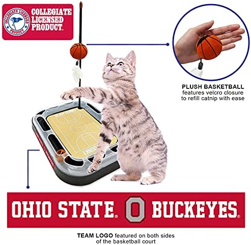NCAA OHIO State Buckeyes 6-in-1 REVERSIBLE Basketball Court Felt/Cardboard Cat Scratcher Toy & Interactive Cat Ball Bell
