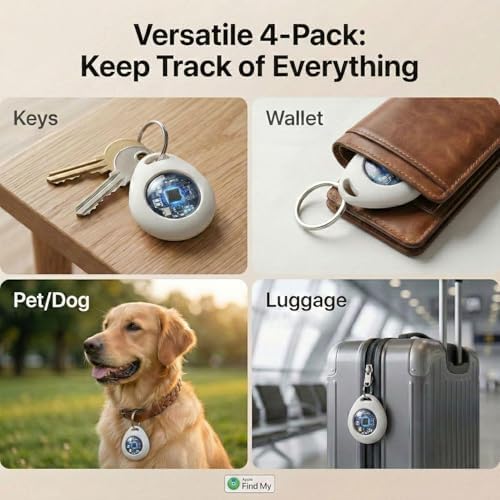 4 Pack Bluetooth Tracker Tags for Apple Find My MFi Certified Key Finder | No Subscription Required Replaceable Battery Loud Alarm Water-Resistant Air Tracker Tags for Keys Wallets Luggage and Pets