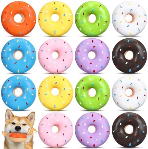 JellyArch 16 Pcs Latex Squeaky Dog Toys Donut Small Dogs Squeaky Chew Toys for Aggressive Chewers Soft Interactive Fetch Play No Stuffing Durable Teething Items for Small Puppy
