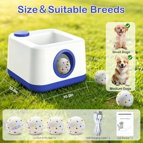 Automatic Dog Ball Launcher, Dual Auto-Manual Modes with Dog Barking Sound, Interactive Dog Fetch Toy, 3 Adjustable Distances, Dog Balls Thrower for Small & Medium Dogs, with 4 Durable ETPU Balls
